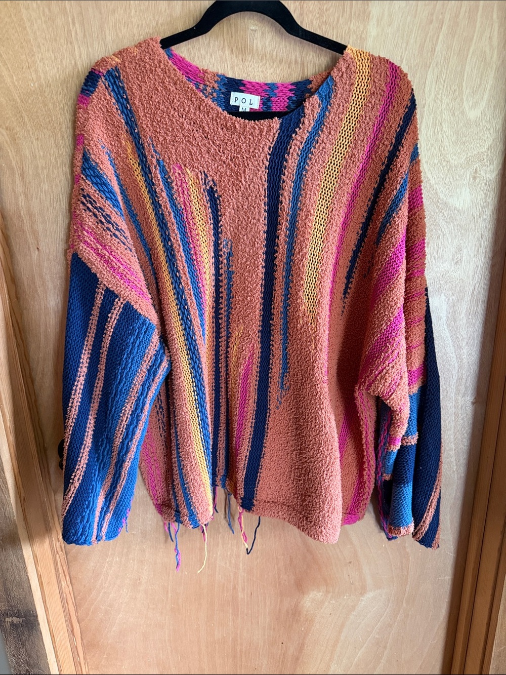 POL Multicolor Striped Crewneck Sweater — Coral, Navy & Pink